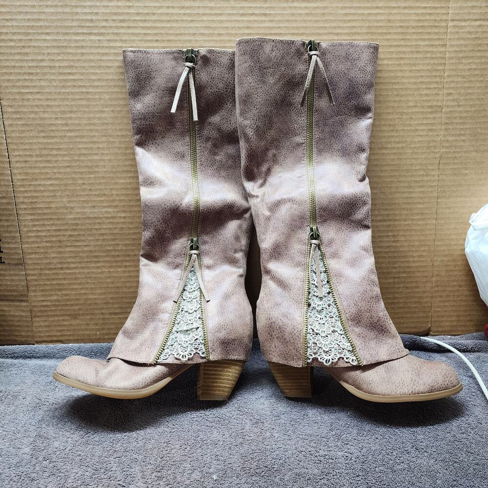 Not Rated tall brown faux leather boots women size 8 lace accents b52